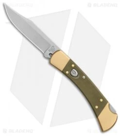 Chic Knifs Shop 44 Buck Knives Buck 110 Automatic Knife OD Green Canvas Micarta/Brushed Brass (3.75" SW)